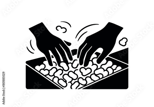 Hands reaching into packaging filler black silhouette with foam and curve line accents flat tactile visual