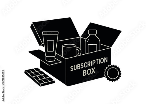 Subscription box with contents spread black silhouette with product and edge line accents monthly unboxing layout