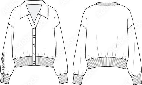 cardigan, sweater, fashion sketch, technical drawing, flat sketch, front back view, apparel design, garment, vector, illustration, V-neck, puff sleeve, ribbed hem, button front,
