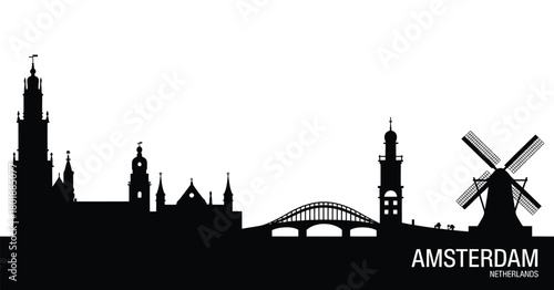 Iconic amsterdam skyline silhouette with windmill and bridge