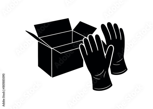 Unboxing gloves beside opened box black silhouette with curve and fabric lines delicate unpacking gear