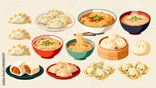 A collection of noodle delicacies, cartoon hand-drawn vector illustrations, dumplings, noodles, shumai, steamed buns, mantou, and bread