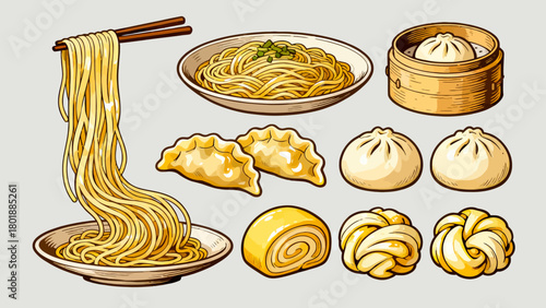 A collection of noodle delicacies, cartoon hand-drawn vector illustrations, dumplings, noodles, shumai, steamed buns, mantou, and bread