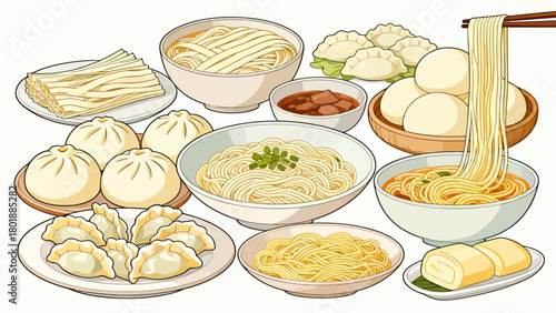 A collection of noodle delicacies, cartoon hand-drawn vector illustrations, dumplings, noodles, shumai, steamed buns, mantou, and bread