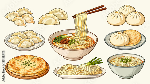 A collection of noodle delicacies, cartoon hand-drawn vector illustrations, dumplings, noodles, shumai, steamed buns, mantou, and bread