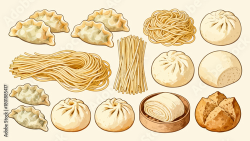 A collection of noodle delicacies, cartoon hand-drawn vector illustrations, dumplings, noodles, shumai, steamed buns, mantou, and bread