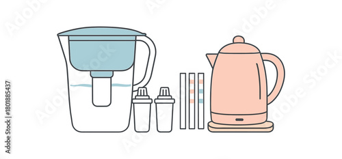 Flat vector water prep: filter jug cartridges test strips kettle tray pastel palette clean outlines minimal centered isolated on white no logos