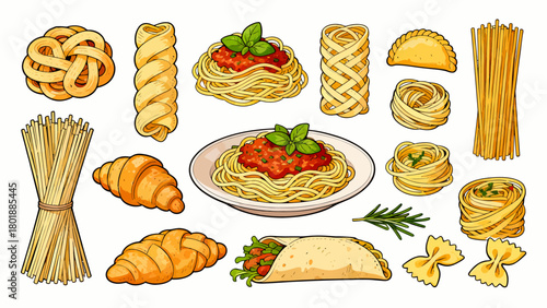 A collection of noodle delicacies, cartoon hand-drawn vector illustrations, dumplings, noodles, shumai, steamed buns, mantou, and bread