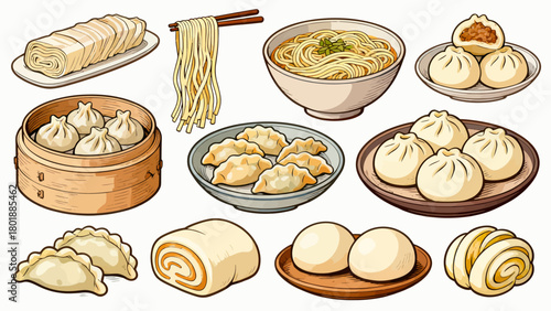 A collection of noodle delicacies, cartoon hand-drawn vector illustrations, dumplings, noodles, shumai, steamed buns, mantou, and bread