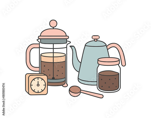 Flat vector french press corner: press kettle timer grounds jar spoon pastel palette clean outlines minimal centered isolated on white no logos
