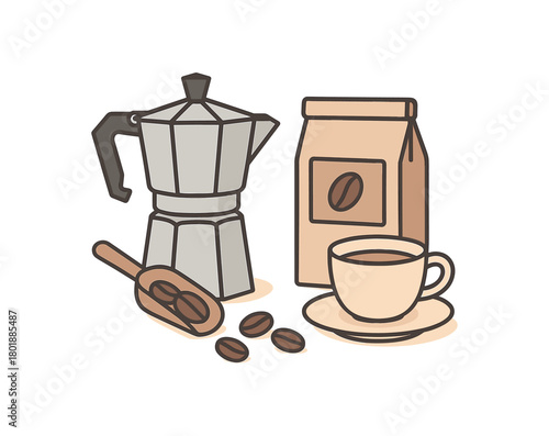 Flat vector moka corner: moka pot beans bag scoop cup saucer pastel palette clean outlines minimal centered isolated on white no logos