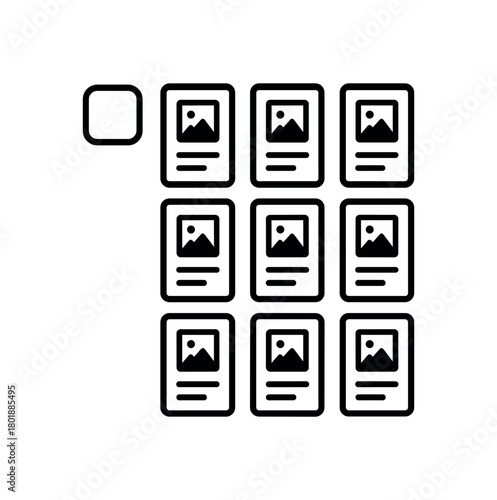 Grid layout icon with product cards black silhouette with rows and image box lines catalog view selector