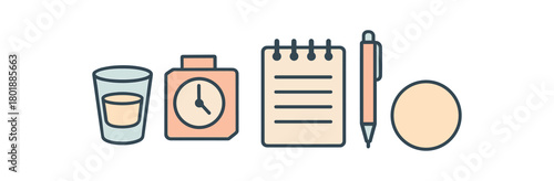 Flat vector shot timing set: shot glass timer notepad pen coaster pastel palette clean outlines minimal centered isolated on white no logos