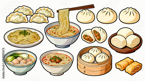 A collection of noodle delicacies, cartoon hand-drawn vector illustrations, dumplings, noodles, shumai, steamed buns, mantou, and bread
