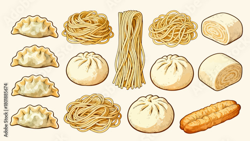A collection of noodle delicacies, cartoon hand-drawn vector illustrations, dumplings, noodles, shumai, steamed buns, mantou, and bread