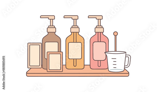 Flat vector syrup corner: pump bottles label cards measuring cup stirrer tray pastel palette clean outlines minimal centered isolated on white no logos