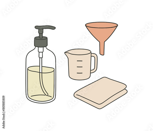 flat vector handdrawn soft palette clean outlines white background zero contain refill detergents glass bottle pump measuring cup funnel cloth no logos