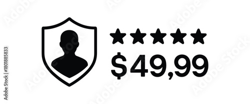 Review stars beside price black silhouette with rating and icon line accents trust element UI