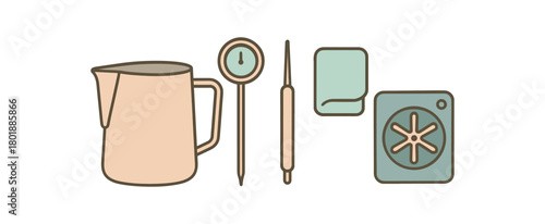 Flat vector milk frothing kit: pitcher thermometer latte art pen cloth jug rinser pastel palette clean outlines minimal centered isolated on white no logos
