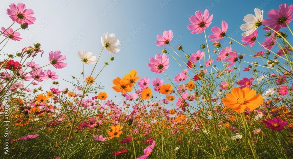 Obraz premium Field of cosmos flowers under a bright blue sky on a sunny day