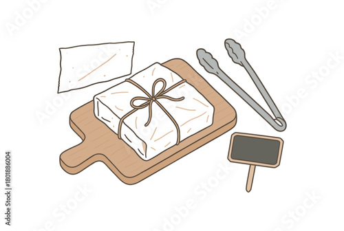 flat vector handdrawn soft palette clean outlines white background zero contain deli wrap wax sheet twine wooden board tongs chalk tag blank no logos