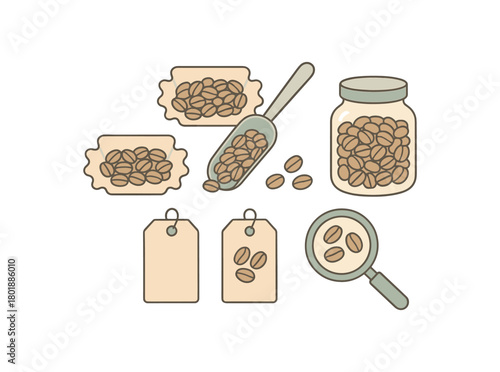 Flat vector beans sampling: sample trays scoop tag cards jar magnifier pastel palette clean outlines minimal centered isolated on white no logos