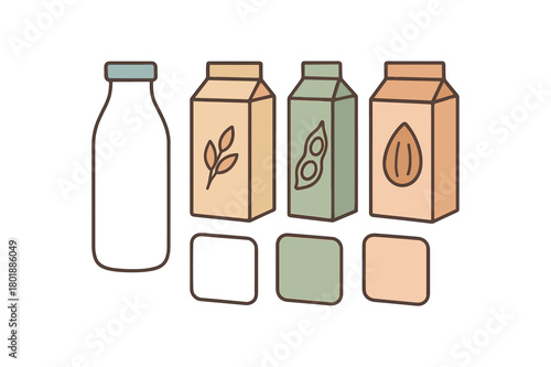 Flat vector milk options corner: dairy bottle oat carton soy carton almond carton label cards pastel palette clean outlines minimal centered isolated on white no logos