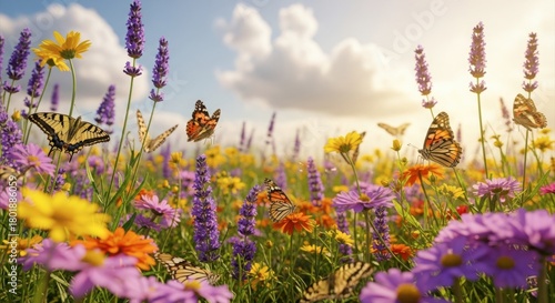 Fototapeta Naklejka Na Ścianę i Meble -  Butterflies flutter among colorful flowers in a sunlit meadow landscape