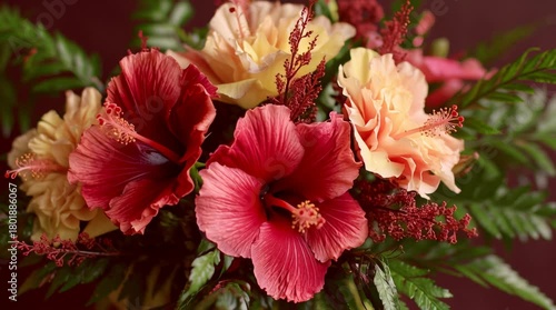 Vibrant Tropical Hibiscus Bouquet with Red and Yellow Blooms and Lush Greenery.
