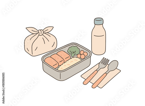 flat vector handdrawn soft palette clean outlines white background zero contain lunch to go stainless box fabric wrap fork and spoon bottle napkin no logos
