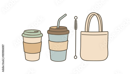 flat vector handdrawn soft palette clean outlines white background zero contain coffee takeout swap travel mug metal straw straw brush sleeve tote no logos