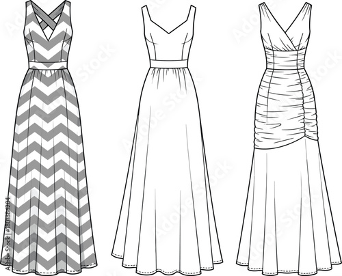 long dress, fashion sketch, technical drawing, flat sketch, V-neck, sleeveless, ruched bodice, chevron pattern, flared skirt, apparel design, garment illustration, 