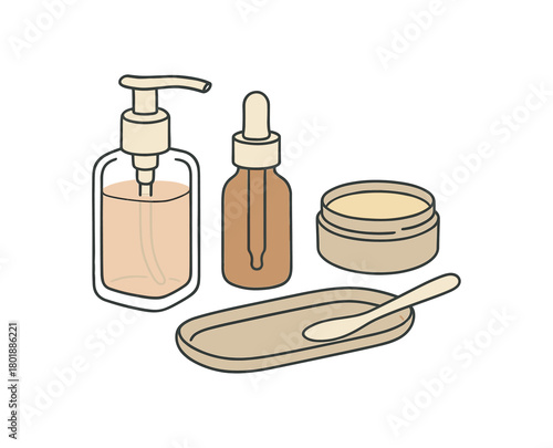 flat vector handdrawn soft palette clean outlines white background zero contain refill beauty glass pump dropper bottle balm tin spatula tray no logos