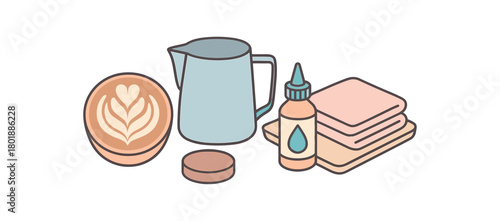 Flat vector latte art practice: practice puck pitcher food coloring bottle tray towels pastel palette clean outlines minimal centered isolated on white no logos