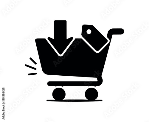 Cart with price drop arrow black silhouette with wheel and tag line accents deal alert shopping icon