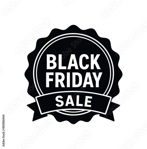 Black friday badge with ribbon edge black silhouette with circle and label line accents flat sale design
