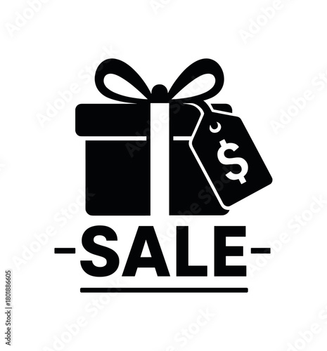 Gift box with price tag overlay black silhouette with ribbon and promo line accents present and sale combo