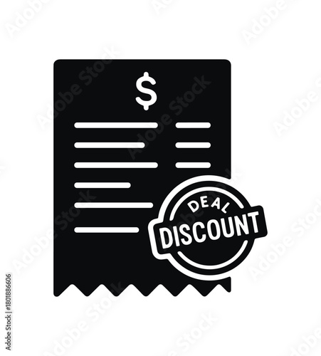 Receipt with discount stamp black silhouette with paper and seal line accents printed deal indicator