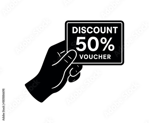 Hand holding discount voucher black silhouette with card and grip line accents special deal interaction