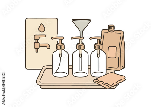 flat vector handdrawn soft palette clean outlines white background zero waste refill station glass pump bottles funnel concentrate pouch tray drip cloth no logos