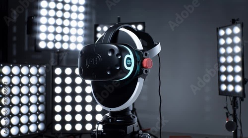 Virtual Reality Headset Surrounded by Bright LED Lights in a Studio Setting.