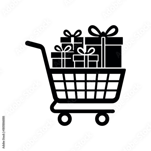 Cart with wrapped gifts inside black silhouette with ribbon and wheel line accents holiday shopping load