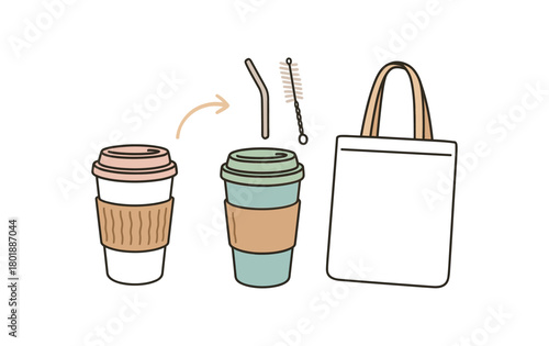 flat vector handdrawn soft palette clean outlines white background zero waste coffee takeout swap travel mug metal straw straw brush sleeve tote no logos