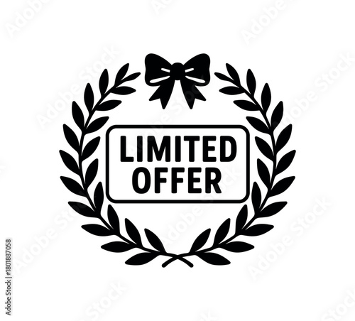 Limited offer banner with wreath icon black silhouette with edge and leaf line accents Christmas campaign visual