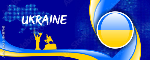 Ukraine Flag with Map and Famous Landmarks in Blue and Yellow Abstract Background