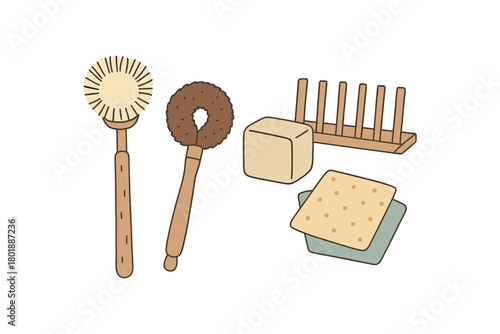 flat vector handdrawn soft palette clean outlines white background zero waste dishwashing swap wooden dish brush coconut scourer solid dish drying rack cloths no logos
