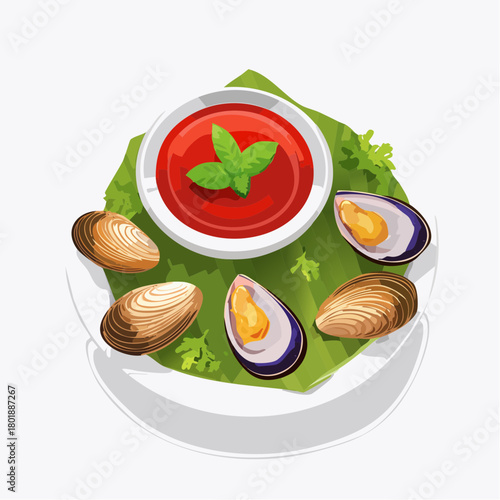 asian street food concept, grill blood clam, fresh blood cockles , spicy sauce , plate on white background