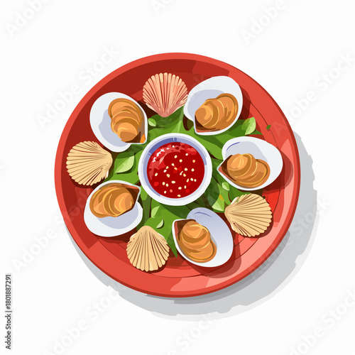 asian street food concept, grill blood clam, fresh blood cockles , spicy sauce , plate on white background