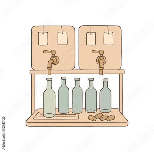 flat vector handdrawn soft palette clean outlines white background refill shop oil and vinegar taps bottles drip tray corks tag cards blank no logos