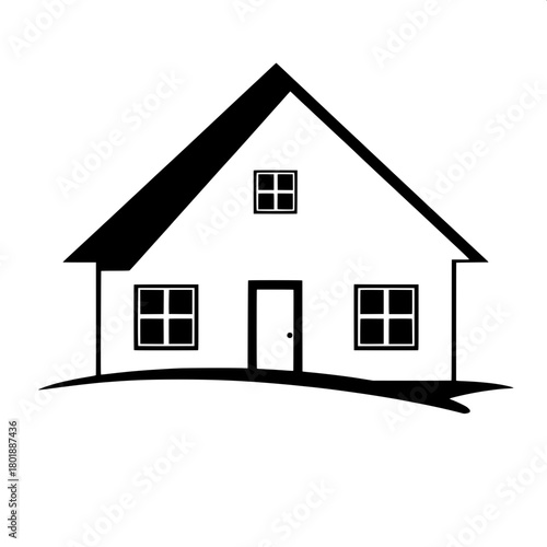 A minimalist black-and-white silhouette of a symmetrical house with a sharply angled roof, central door, and evenly spaced square windows, all designed in a clean, graphic icon style with bold lines, 